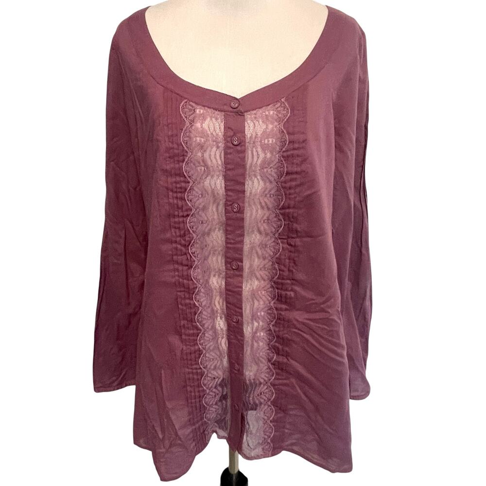 Free People Pintucked Button Top Womens Large Dusty Purple Lacy Cotton Blouse - Picture 2 of 9